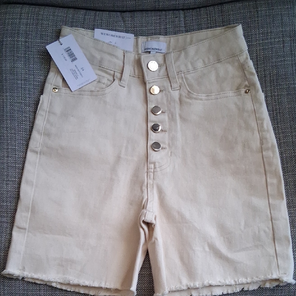 WeWoreWhat Cream High Waist Shorts with Frayed Hem